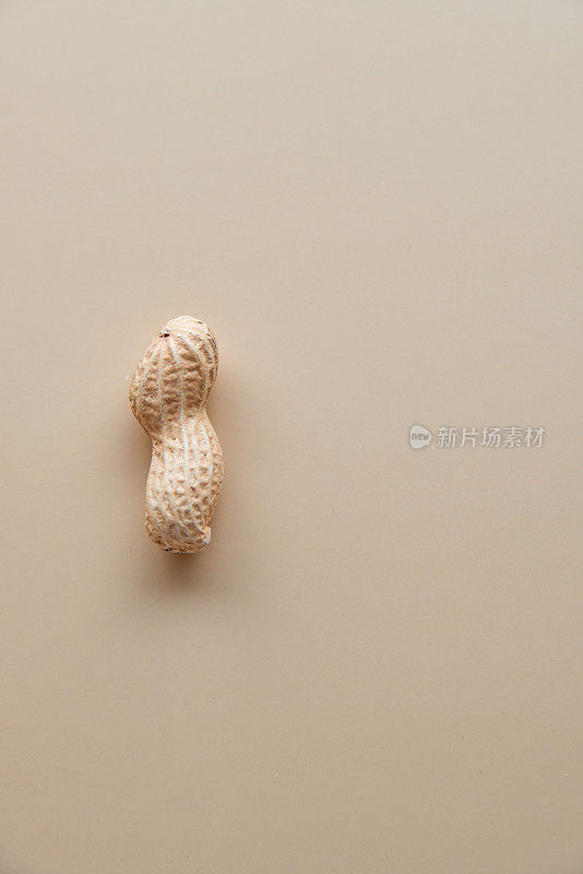 One roasted unsaltedÂ unpeeled peanut in shell isolated on beige background. Food, ingredients, organic vegetarian protein, healthy and dietary nutrition concept. Top view with copy space.